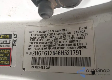 2006 Honda Civic Lx из США, поврежденный, VIN 2HGFG12646H521791